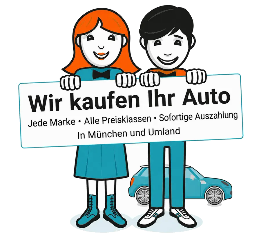 Anton und Antonia, die beiden Figuren von Autos mit Herz, halten gemeinsam ein Schild